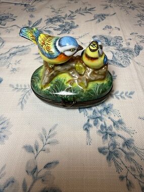 Limoges Hand-Painted Bird Trinket Box in Blue, Yellow & Green